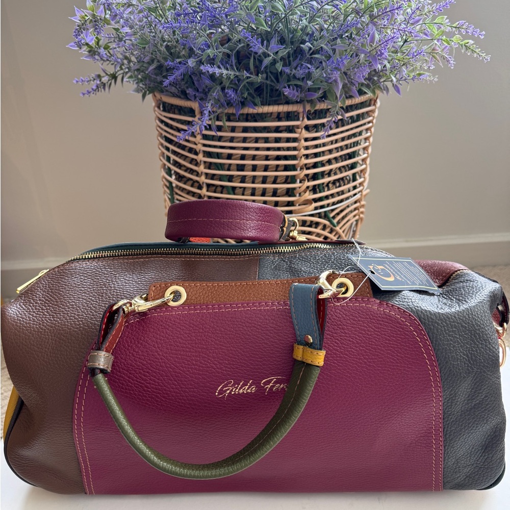 Italian Shoemakers Red and Brown Travel Bag with Gold-Tone Hardware